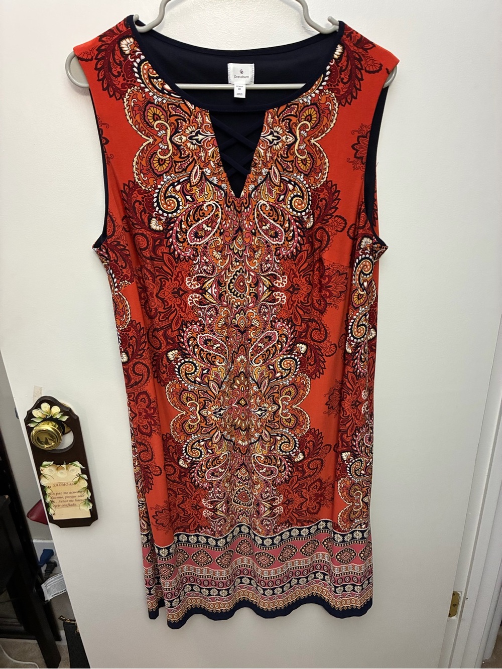 Red/Orange Paisley Sleeveless Shift Dress with Navy Trim